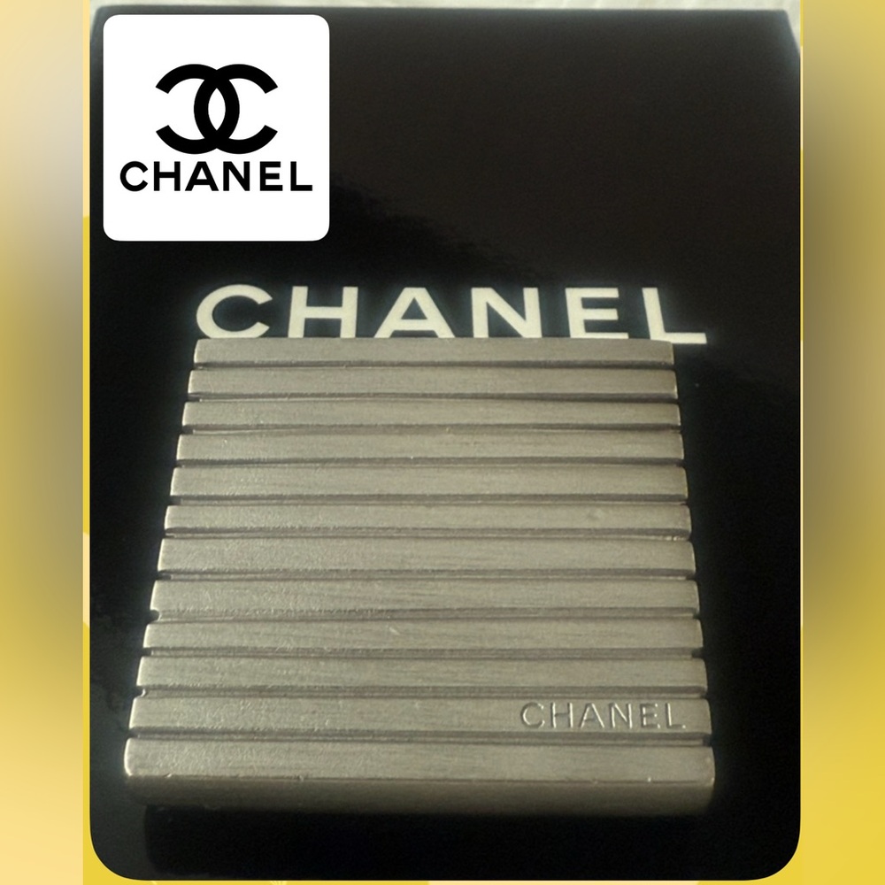 CHANEL CC Logo Square Silver Tone Brooch
